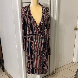 Banana Republic Navy Wrap Dress with Red and White Geometric Print